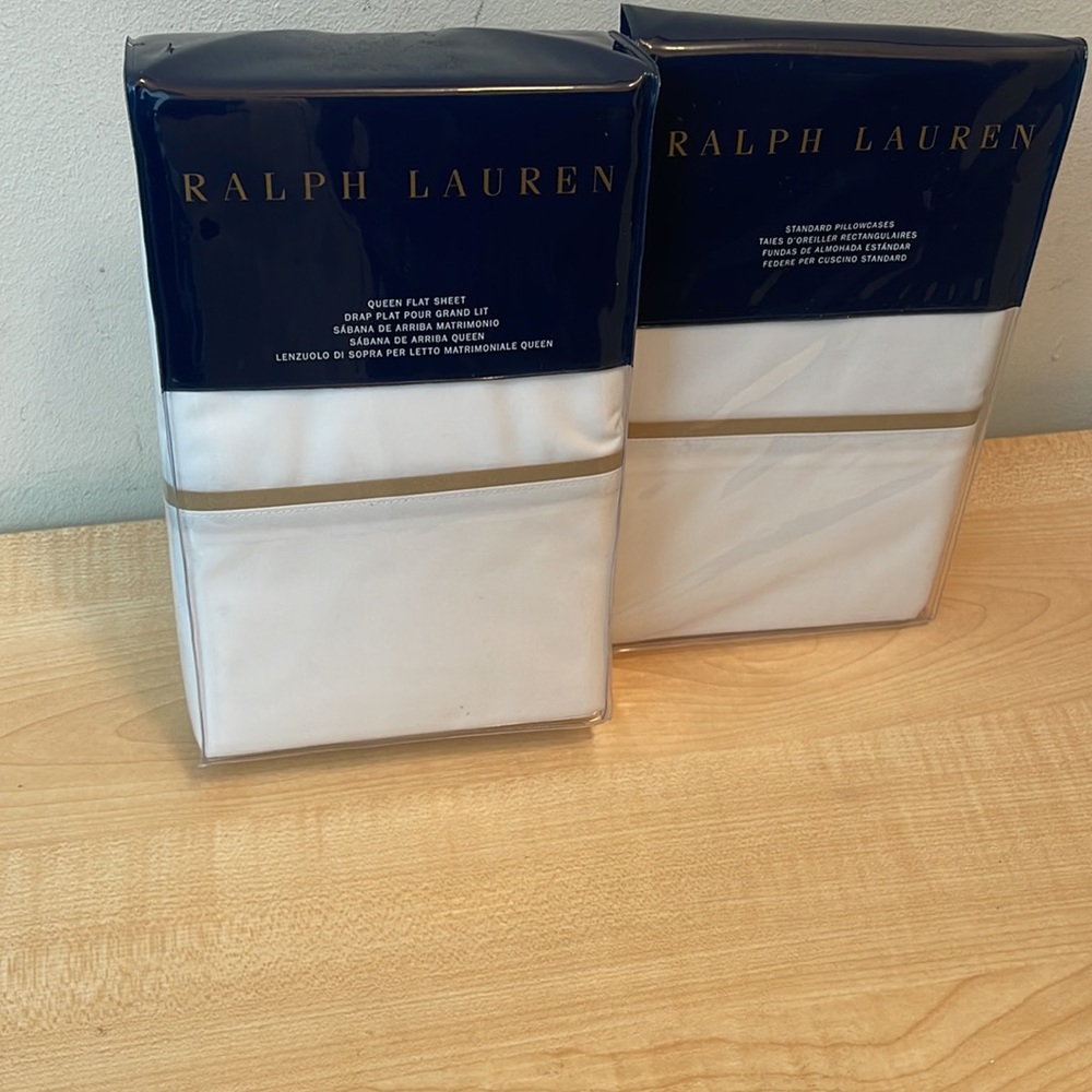 Ralph Lauren Palmer TC464 Queen Flat Sheet and Standard Pillowcases W/Piping